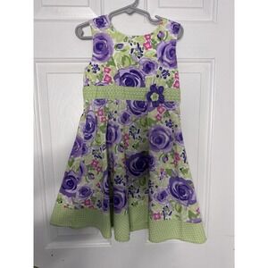 Blueberi Boulevard Girls Floral Dress Green Purple Polka Dot Trim Size 6X